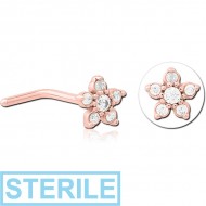 STERILE ROSE GOLD PVD COATED SURGICAL STEEL 90 DEGREE JEWELLED NOSE STUD -FLOWER PIERCING