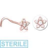 STERILE ROSE GOLD PVD COATED SURGICAL STEEL CURVED JEWELLED NOSE STUD - FLOWER PIERCING