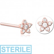 STERILE ROSE GOLD PVD COATED SURGICAL STEEL STRAIGHT JEWELLED NOSE STUD - FLOWER PIERCING
