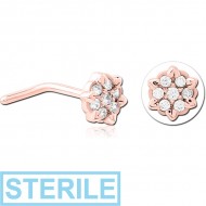 STERILE ROSE GOLD PVD COATED SURGICAL STEEL 90 DEGREE JEWELLED NOSE STUD - FLOWER PIERCING
