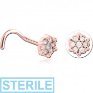 STERILE ROSE GOLD PVD COATED SURGICAL STEEL CURVED JEWELLED NOSE STUD - FLOWER PIERCING
