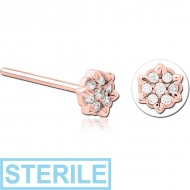 STERILE ROSE GOLD PVD COATED SURGICAL STEEL STRAIGHT JEWELLED NOSE STUD - FLOWER PIERCING