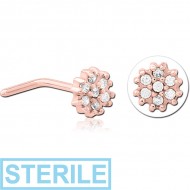 STERILE ROSE GOLD PVD COATED SURGICAL STEEL 90 DEGREE JEWELLED NOSE STUD - FLOWER PIERCING