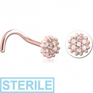 STERILE ROSE GOLD PVD COATED SURGICAL STEEL CURVED JEWELLED NOSE STUD - FLOWER PIERCING