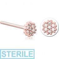 STERILE ROSE GOLD PVD COATED SURGICAL STEEL STRAIGHT JEWELLED NOSE STUD - FLOWER PIERCING