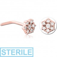 STERILE ROSE GOLD PVD COATED SURGICAL STEEL 90 DEGREE JEWELLED NOSE STUD - FLOWER PIERCING