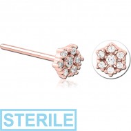 STERILE ROSE GOLD PVD COATED SURGICAL STEEL STRAIGHT JEWELLED NOSE STUD - FLOWER PIERCING