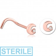 STERILE ROSE GOLD PVD COATED SURGICAL STEEL CURVED JEWELLED NOSE STUD PIERCING