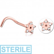 STERILE ROSE GOLD PVD COATED SURGICAL STEEL CURVED JEWELLED NOSE STUD PIERCING