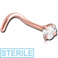 STERILE ROSE GOLD PVD COATED SURGICAL STEEL CURVED PRONG SET HEART JEWELLED NOSE STUD PIERCING
