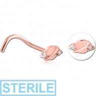 STERILE ROSE GOLD PVD COATED SURGICAL STEEL CURVED JEWELLED NOSE STUD PIERCING