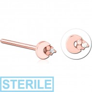 STERILE ROSE GOLD PVD COATED SURGICAL STEEL STRAIGHT JEWELLED NOSE STUD PIERCING