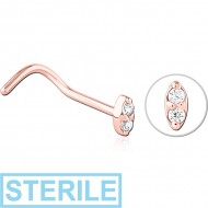 STERILE ROSE GOLD PVD COATED SURGICAL STEEL CURVED JEWELLED NOSE STUD PIERCING