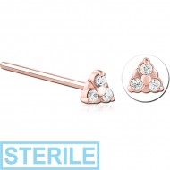 STERILE ROSE GOLD PVD COATED SURGICAL STEEL STRAIGHT JEWELLED NOSE STUD PIERCING