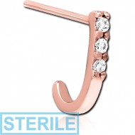 STERILE ROSE GOLD PVD COATED SURGICAL STEEL STRAIGHT JEWELLED WRAP AROUND NOSE STUD - TRIPLE GEM SQUARE BAR PIERCING