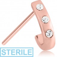 STERILE ROSE GOLD PVD COATED SURGICAL STEEL STRAIGHT JEWELLED WRAP AROUND NOSE STUD - FLAT TRIPLE GEM PIERCING