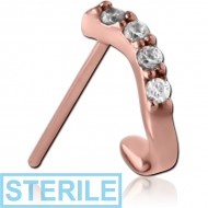 STERILE ROSE GOLD PVD COATED SURGICAL STEEL STRAIGHT JEWELLED WRAP AROUND NOSE STUD - QUADRUPLE GEMS ROUND BAR PIERCING
