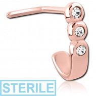 STERILE ROSE GOLD PVD COATED SURGICAL STEEL 90 DEGREE JEWELLED WRAP AROUND NOSE STUD - TRIPLE ROUND GEMS PIERCING