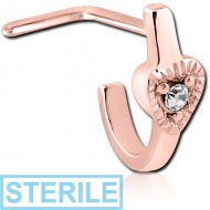 STERILE ROSE GOLD PVD COATED SURGICAL STEEL 90 DEGREE JEWELLED WRAP AROUND NOSE STUD - BIG HEART FLAT BAR PIERCING