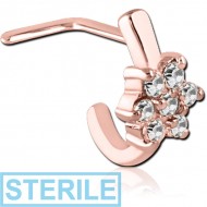 STERILE ROSE GOLD PVD COATED SURGICAL STEEL 90 DEGREE JEWELLED WRAP AROUND NOSE STUD - 7 GEM FLOWER PIERCING