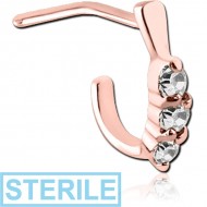 STERILE ROSE GOLD PVD COATED SURGICAL STEEL 90 DEGREE JEWELLED WRAP AROUND NOSE STUD - THREE GEMS ROUND PIERCING