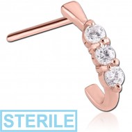 STERILE ROSE GOLD PVD COATED SURGICAL STEEL STRAIGHT JEWELLED WRAP AROUND NOSE STUD - THREE GEMS ROUND PIERCING