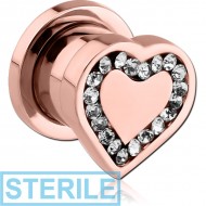 STERILE ROSE GOLD PVD COATED SURGICAL STEEL JEWELLED THREADED TUNNEL - HEART PIERCING