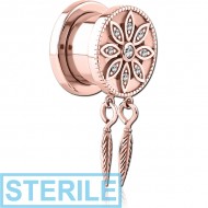 STERILE ROSE GOLD PVD COATED STAINLESS STEEL THREADED TUNNEL WITH SURGICAL STEEL JEWELLED TOP PIERCING
