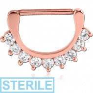STERILE ROSE GOLD PVD COATED SURGICAL STEEL PRONG SET JEWELLED NIPPLE CLICKER PIERCING