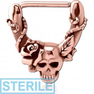 STERILE ROSE GOLD PVD COATED SURGICAL STEEL NIPPLE CLICKER - SKULLS AND ROSE PIERCING