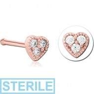 STERILE ROSE GOLD PVD COATED SURGICAL STEEL JEWELLED NOSE BONE - HEART PIERCING