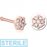 STERILE ROSE GOLD PVD COATED SURGICAL STEEL JEWELLED NOSE BONE - FLOWER PIERCING