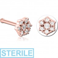STERILE ROSE GOLD PVD COATED SURGICAL STEEL JEWELLED NOSE BONE - FLOWER PIERCING
