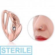 STERILE ROSE GOLD PVD COATED SURGICAL STEEL JEWELLED NOSE CLIP - LEAF PIERCING