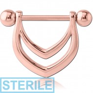 STERILE ROSE GOLD PVD COATED SURGICAL STEEL NIPPLE SHIELD - DOUBLE V PIERCING