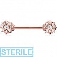 STERILE ROSE GOLD PVD COATED SURGICAL STEEL JEWELLED NIPPLE BAR PIERCING