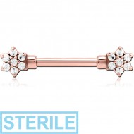 STERILE ROSE GOLD PVD COATED SURGICAL STEEL JEWELLED NIPPLE BAR - FLOWER PIERCING