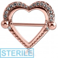STERILE ROSE GOLD PVD COATED SURGICAL STEEL JEWELLED NIPPLE SHILED - HEART PIERCING