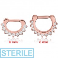 STERILE ROSE GOLD PVD COATED SURGICAL STEEL ROUND PRONG SET JEWELLED HINGED SEPTUM CLICKER RING PIERCING
