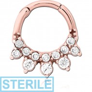 STERILE ROSE GOLD PVD COATED SURGICAL STEEL JEWELLED HINGED SEPTUM CLICKER RING PIERCING
