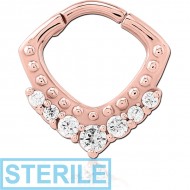 STERILE ROSE GOLD PVD COATED SURGICAL STEEL JEWELLED HINGED SEPTUM CLICKER RING PIERCING
