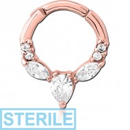 STERILE ROSE GOLD PVD COATED SURGICAL STEEL JEWELLED HINGED SEPTUM CLICKER RING PIERCING