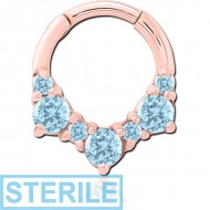 STERILE ROSE GOLD PVD COATED SURGICAL STEEL JEWELLED HINGED SEPTUM CLICKER RING PIERCING