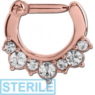 STERILE ROSE GOLD PVD COATED SURGICAL STEEL ROUND JEWELLED HINGED SEPTUM CLICKER PIERCING