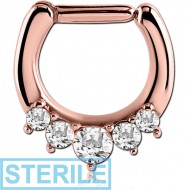 STERILE ROSE GOLD PVD COATED SURGICAL STEEL ROUND SWAROVSKI CRYSTALS JEWELLED HINGED SEPTUM CLICKER PIERCING