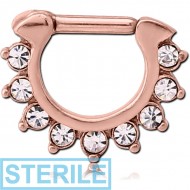 STERILE ROSE GOLD PVD COATED SURGICAL STEEL ROUND JEWELLED HINGED SEPTUM CLICKER PIERCING