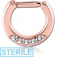 STERILE ROSE GOLD PVD COATED SURGICAL STEEL ROUND JEWELLED HINGED SEPTUM CLICKER PIERCING