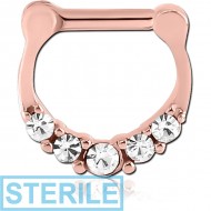 STERILE ROSE GOLD PVD COATED SURGICAL STEEL ROUND JEWELLED HINGED SEPTUM CLICKER PIERCING