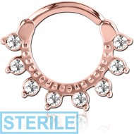 STERILE ROSE GOLD PVD COATED SURGICAL STEEL ROUND JEWELLED HINGED SEPTUM CLICKER PIERCING