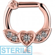 STERILE ROSE GOLD PVD COATED SURGICAL STEEL WINGED HEART PRONG SET JEWELLED HINGED SEPTUM CLICKER
